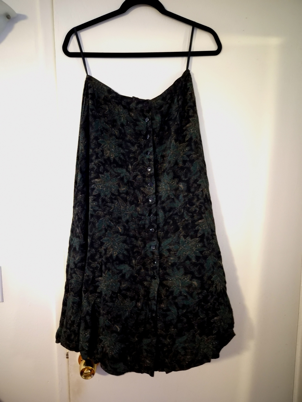 Rena Rowan 90s Boho Grunge Black and Teal Floral Button-Front Circle Skirt